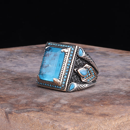 Paraiba Taşlı 925 Ayar Gümüş Erkek Yüzüğü