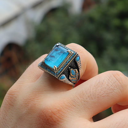 Paraiba Taşlı 925 Ayar Gümüş Erkek Yüzüğü