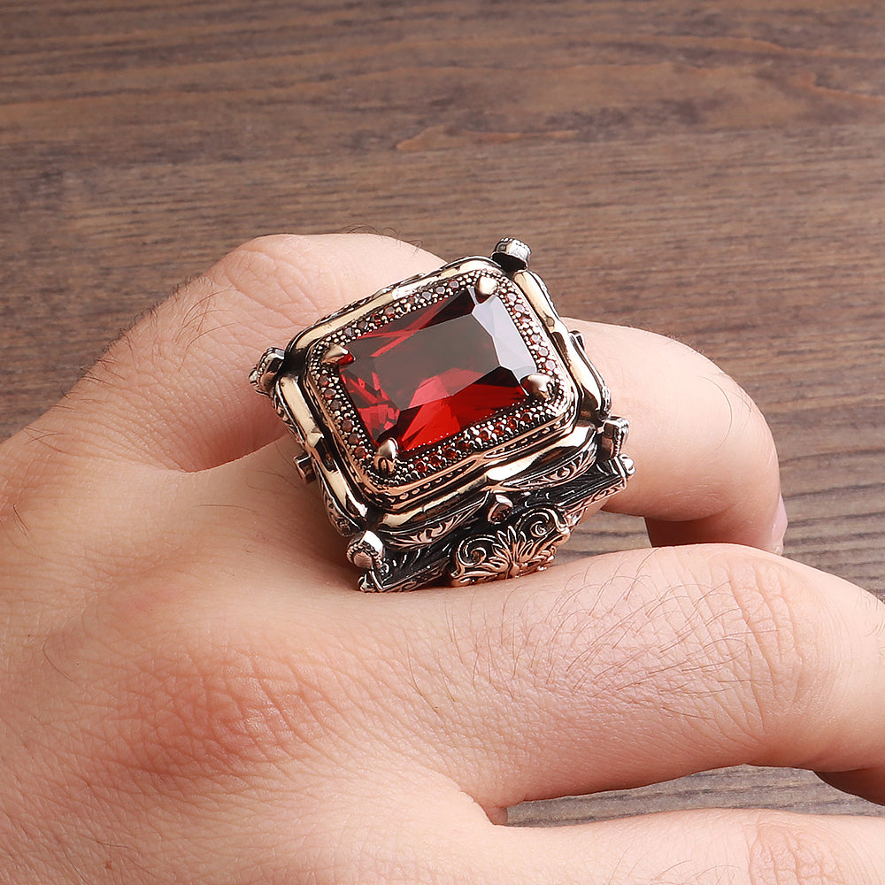 Fetih Serisi Kırmızı Zirkon Taşlı 925 Ayar Gümüş Yüzük