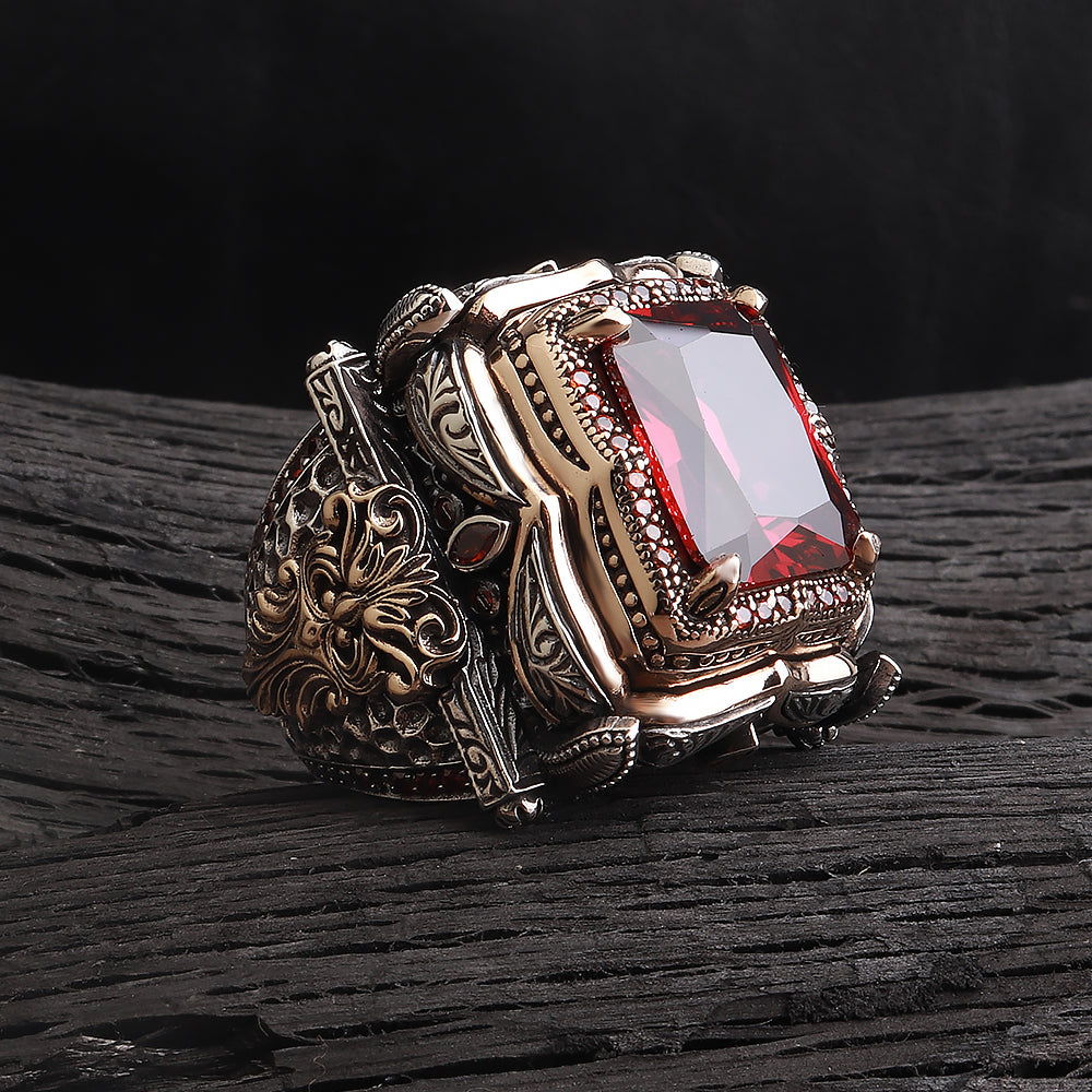 Fetih Serisi Kırmızı Zirkon Taşlı 925 Ayar Gümüş Yüzük