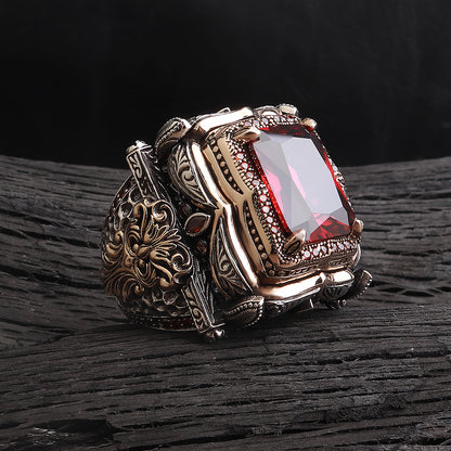 Fetih Serisi Kırmızı Zirkon Taşlı 925 Ayar Gümüş Yüzük