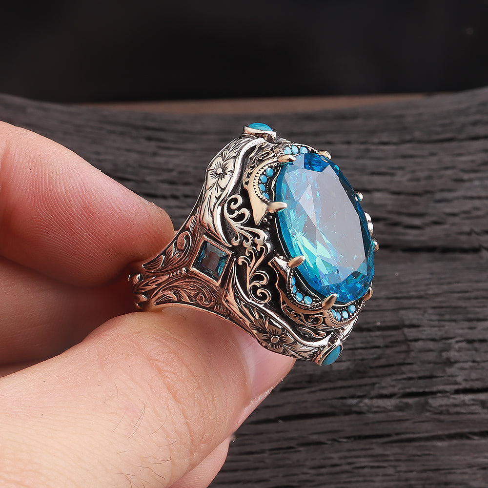 Kalem İşleme İslam Usta Serisi Aqua Taşlı 925 Ayar Gümüş Yüzük