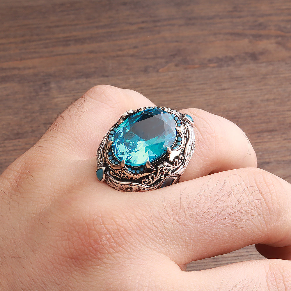 Kalem İşleme İslam Usta Serisi Aqua Taşlı 925 Ayar Gümüş Yüzük