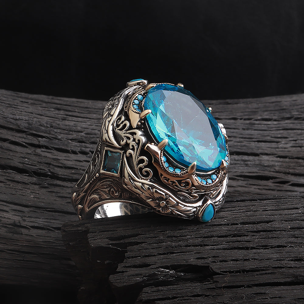 Kalem İşleme İslam Usta Serisi Aqua Taşlı 925 Ayar Gümüş Yüzük