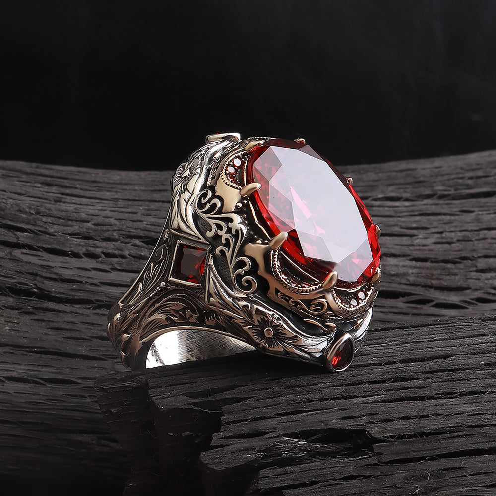 Kalem İşleme İslam Usta Serisi Kırmızı Zirkon Taşlı 925 Ayar Gümüş Yüzük