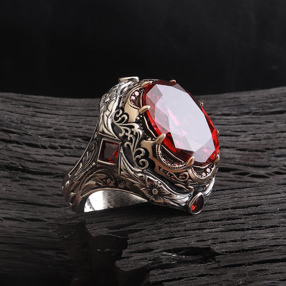 Kalem İşleme İslam Usta Serisi Kırmızı Zirkon Taşlı 925 Ayar Gümüş Yüzük