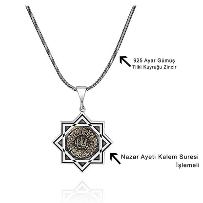 Nazar Ayeti Kalem Suresi İşlemeli Gümüş Kolye