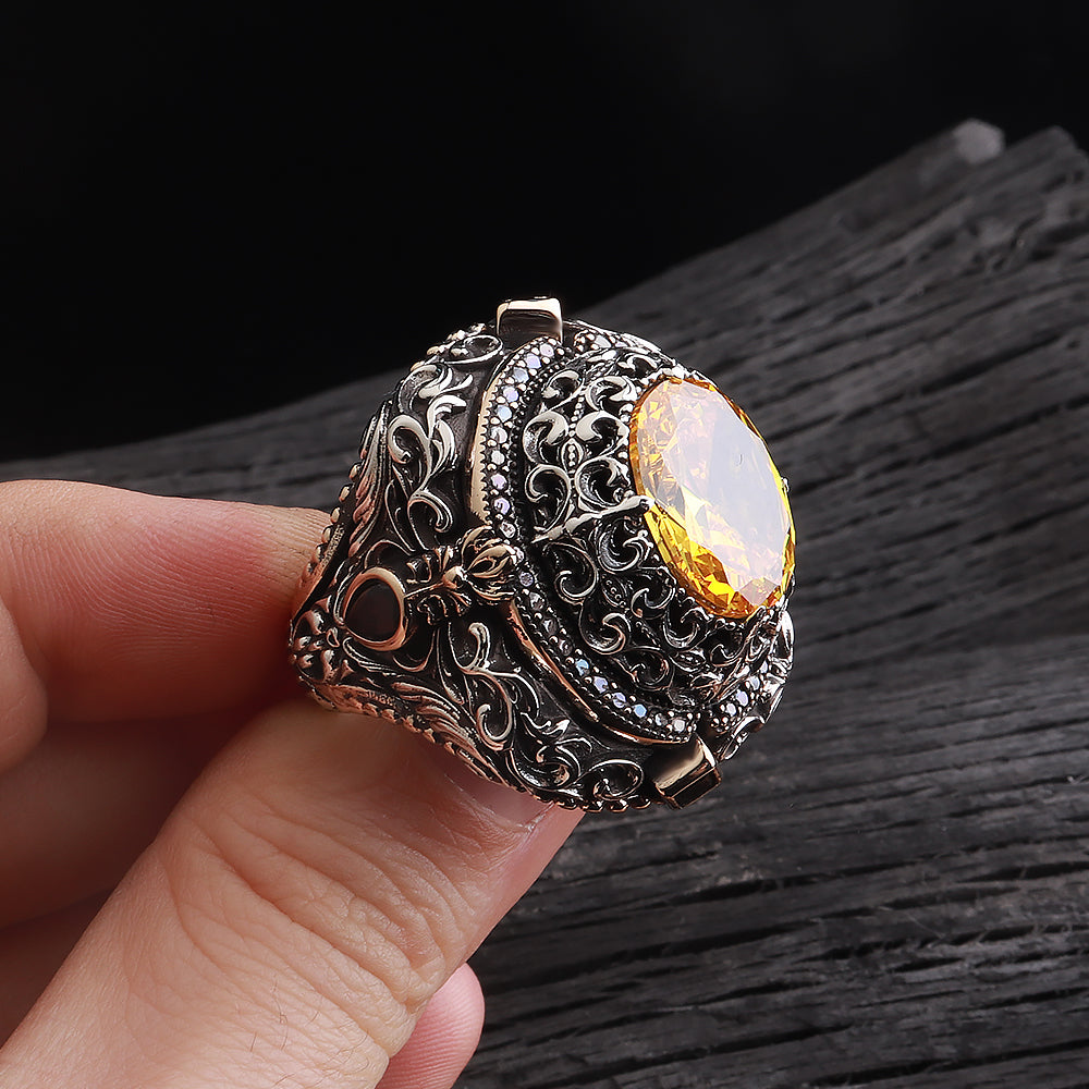 İslam Usta Saltanat Serisi Sitrin Taşlı 925 Ayar Gümüş Yüzük