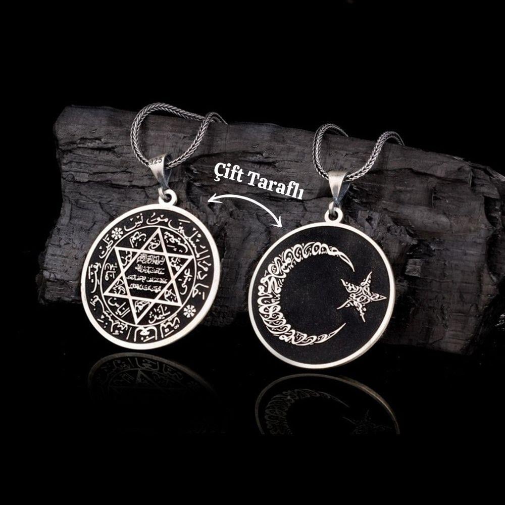 Ay Yıldız Kelime-i Tevhid ve Süleyman Mührü İşlemeli Gümüş Kolye