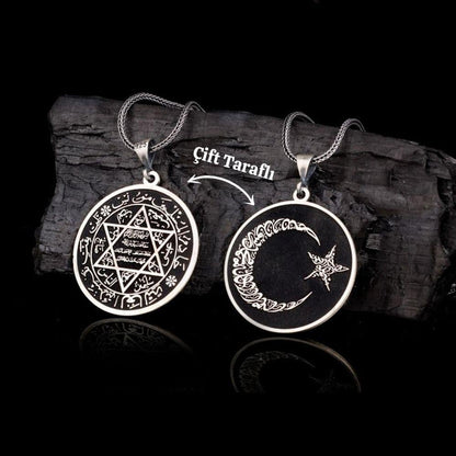 Ay Yıldız Kelime-i Tevhid ve Süleyman Mührü İşlemeli Gümüş Kolye