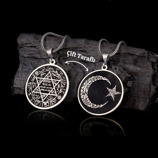 Ay Yıldız Kelime-i Tevhid ve Süleyman Mührü İşlemeli Gümüş Kolye