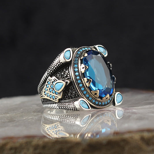 Aqua Zirkon Taşlı 925 Ayar Gümüş Erkek Yüzük
