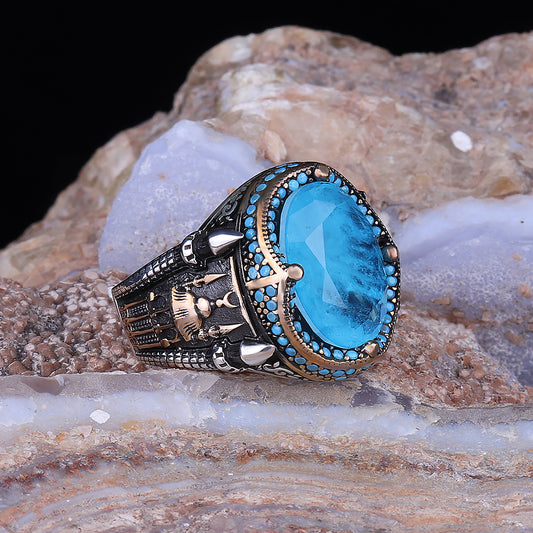 Paraiba Taşlı 925 Ayar Gümüş Erkek Yüzük