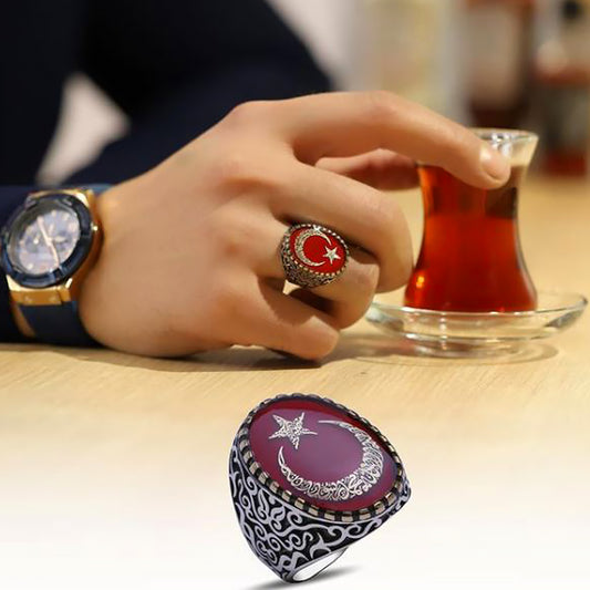 Ay Yıldız İçeriğinde Kelime-i Tevhid Yazılı Mineli Gümüş Yüzük