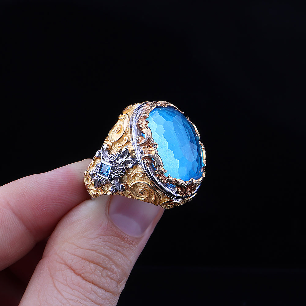 Aqua Taşlı Rodaj Kaplamalı 925 Ayar Erkek Gümüş Yüzük
