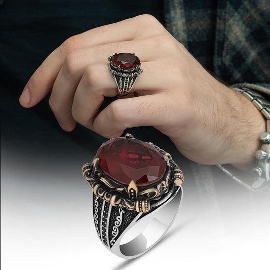 Bordo Paraiba Taşlı 925 Ayar Gümüş Erkek Yüzük