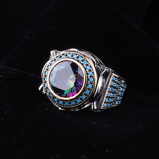 Mikro Taş İşleme Mistik Topaz Taşlı 925 Ayar Erkek Gümüş Yüzük