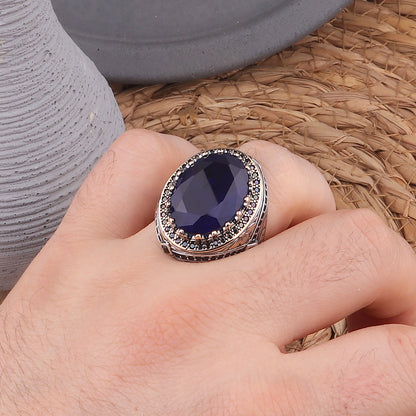 Kalem İşlemeli Lacivert Paraiba Taşlı 925 Ayar Erkek Gümüş Yüzük