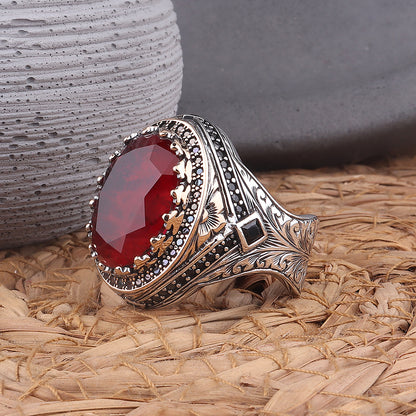 Kalem İşlemeli Bordo Paraiba Taşlı 925 Ayar Erkek Gümüş Yüzük