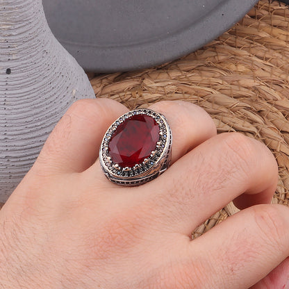 Kalem İşlemeli Bordo Paraiba Taşlı 925 Ayar Erkek Gümüş Yüzük