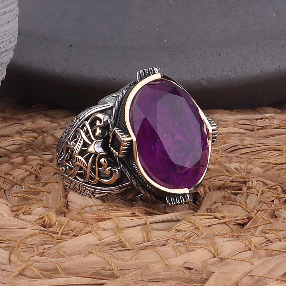 Paraiba Taşlı Kalem İşleme 925 Ayar Erkek Gümüş Yüzük