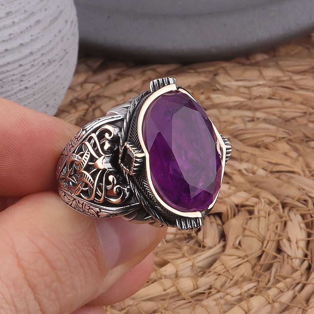 Paraiba Taşlı Kalem İşleme 925 Ayar Erkek Gümüş Yüzük