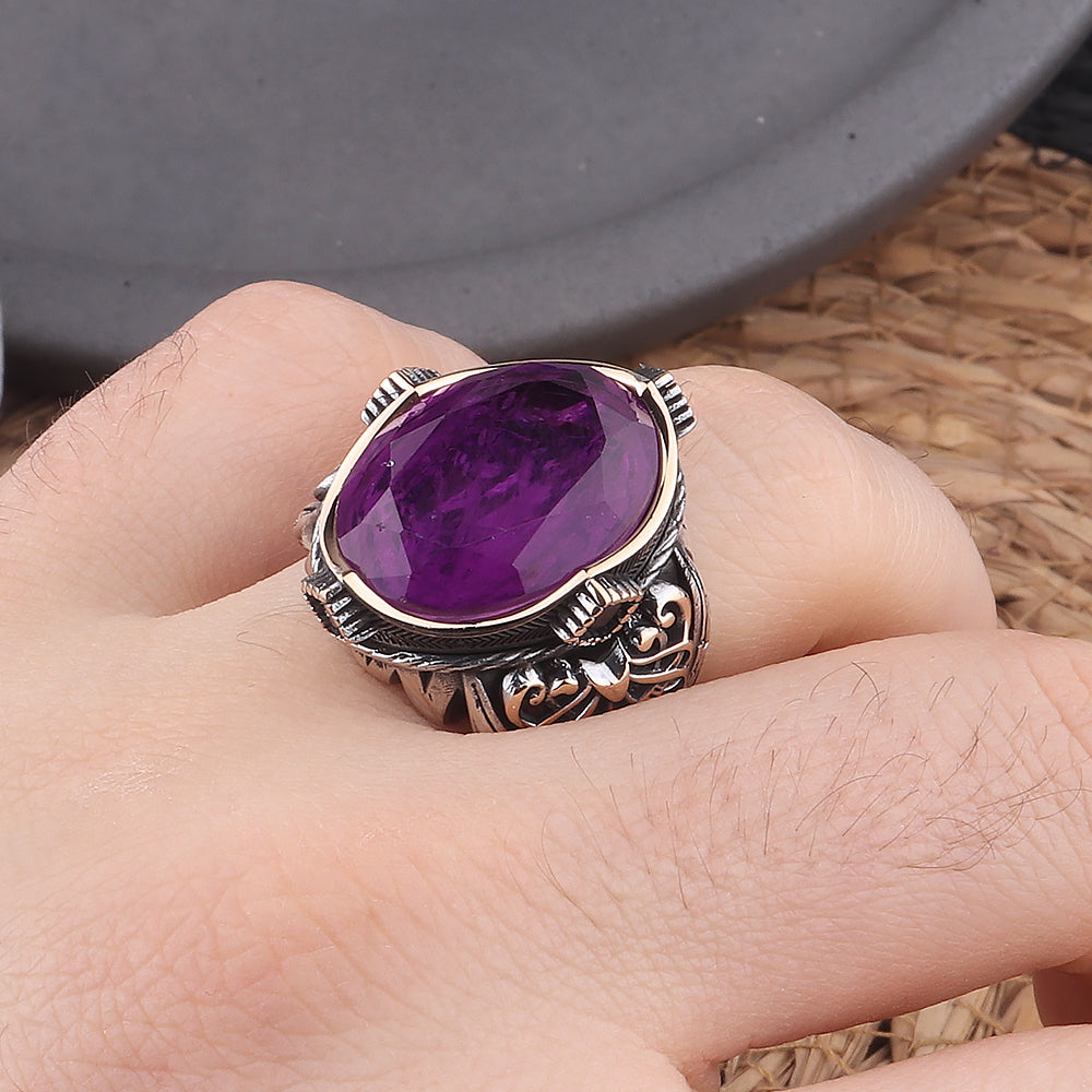 Paraiba Taşlı Kalem İşleme 925 Ayar Erkek Gümüş Yüzük