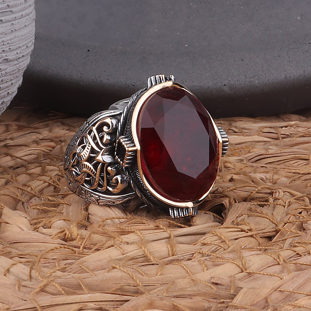 Bordo Paraiba Taşlı Kalem İşleme 925 Ayar Erkek Gümüş Yüzük