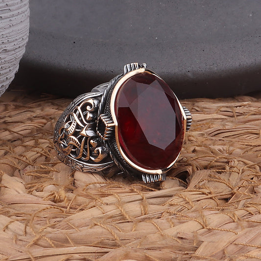 Bordo Paraiba Taşlı Kalem İşleme 925 Ayar Erkek Gümüş Yüzük