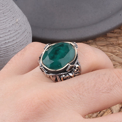 Yeşil Paraiba Taşlı Kalem İşleme 925 Ayar Erkek Gümüş Yüzük