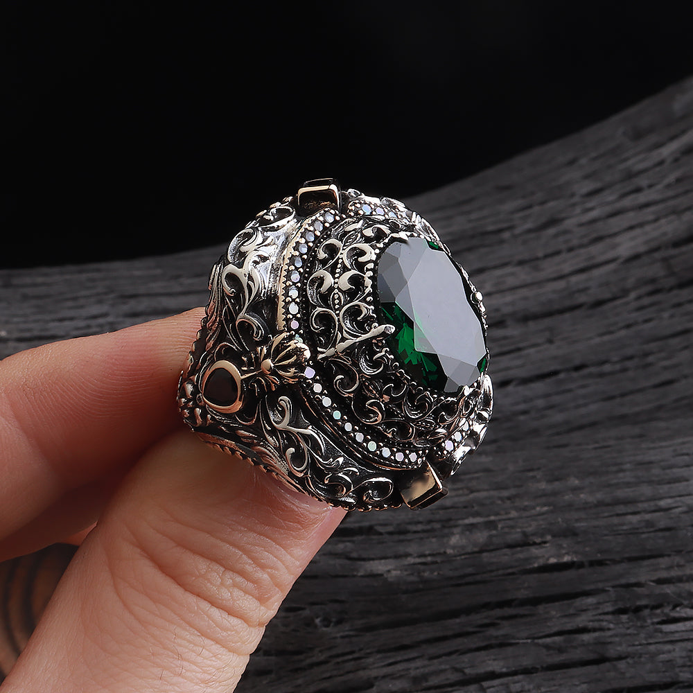 İslam Usta Saltanat Serisi Yeşil Zirkon Taşlı 925 Ayar Gümüş Yüzük