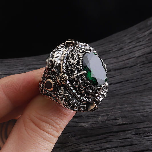 İslam Usta Saltanat Serisi Yeşil Zirkon Taşlı 925 Ayar Gümüş Yüzük