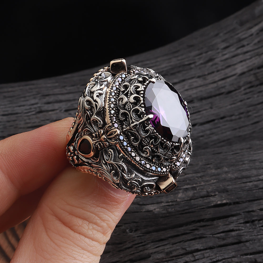 İslam Usta Saltanat Serisi Ametist Taşlı 925 Ayar Gümüş Yüzük