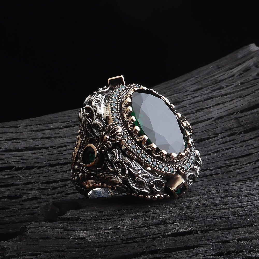 İslam Usta Saltanat Serisi Yeşil Zirkon Taşlı 925 Ayar Gümüş Yüzük