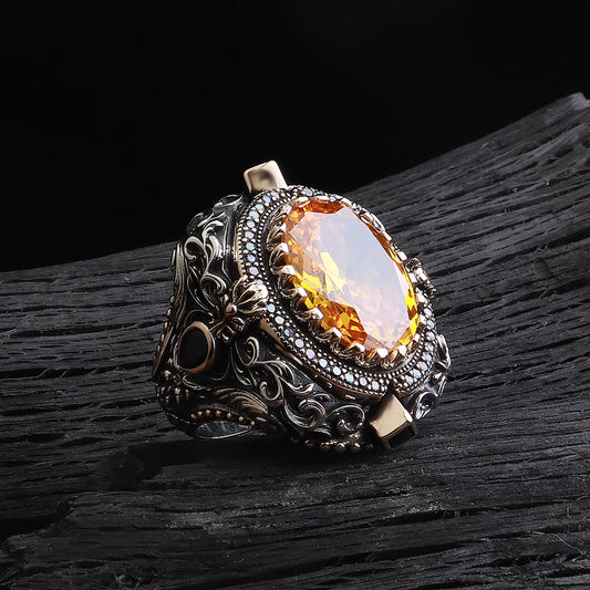 İslam Usta Saltanat Serisi Sitrin Taşlı 925 Ayar Gümüş Yüzük