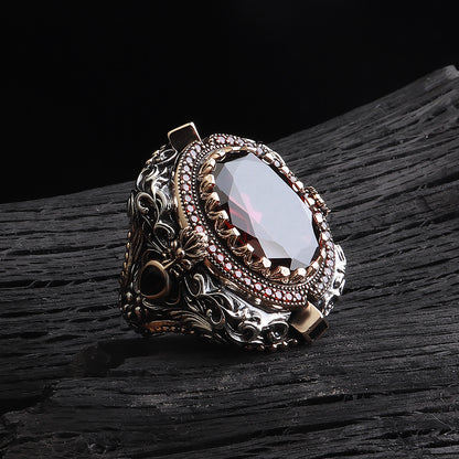 İslam Usta Saltanat Serisi Kırmızı Zirkon Taşlı 925 Ayar Gümüş Yüzük