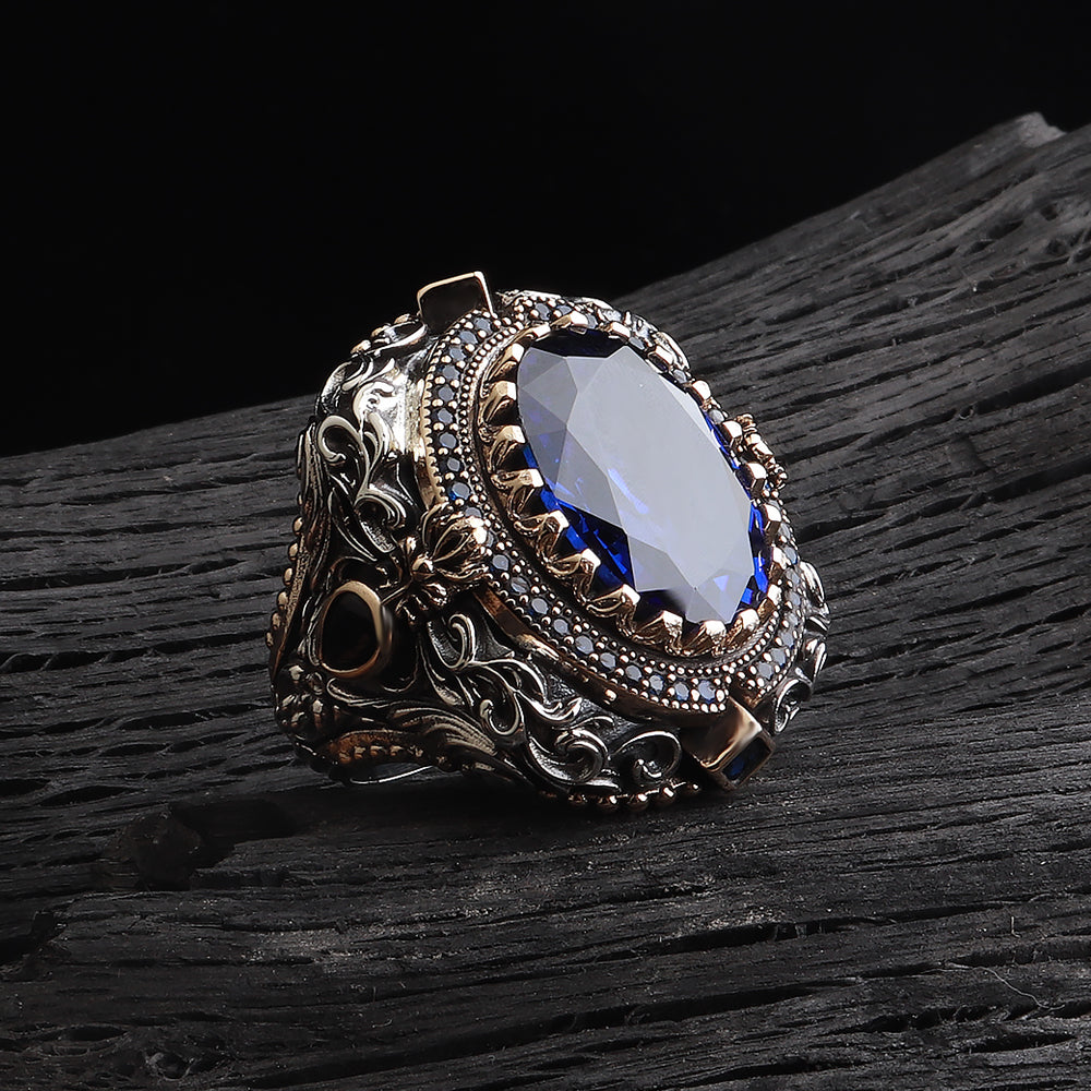 İslam Usta Saltanat Serisi Safir Taşlı 925 Ayar Gümüş Yüzük