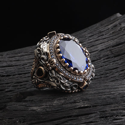 İslam Usta Saltanat Serisi Safir Taşlı 925 Ayar Gümüş Yüzük