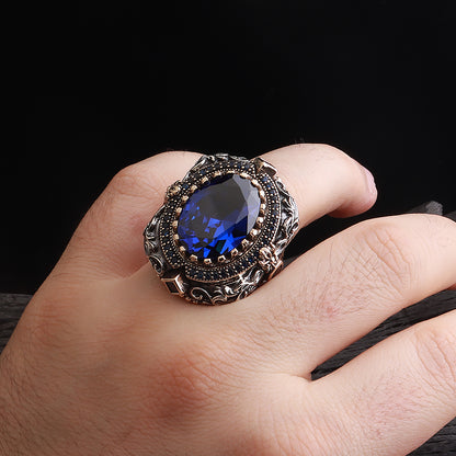 İslam Usta Saltanat Serisi Safir Taşlı 925 Ayar Gümüş Yüzük